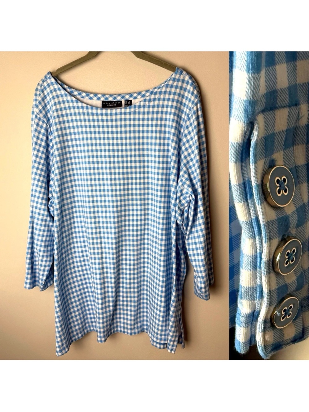 Susan Graver Weekend Top Plus Size 3X 3/4 Sleeves Plaid Cotton Blend Stretch
